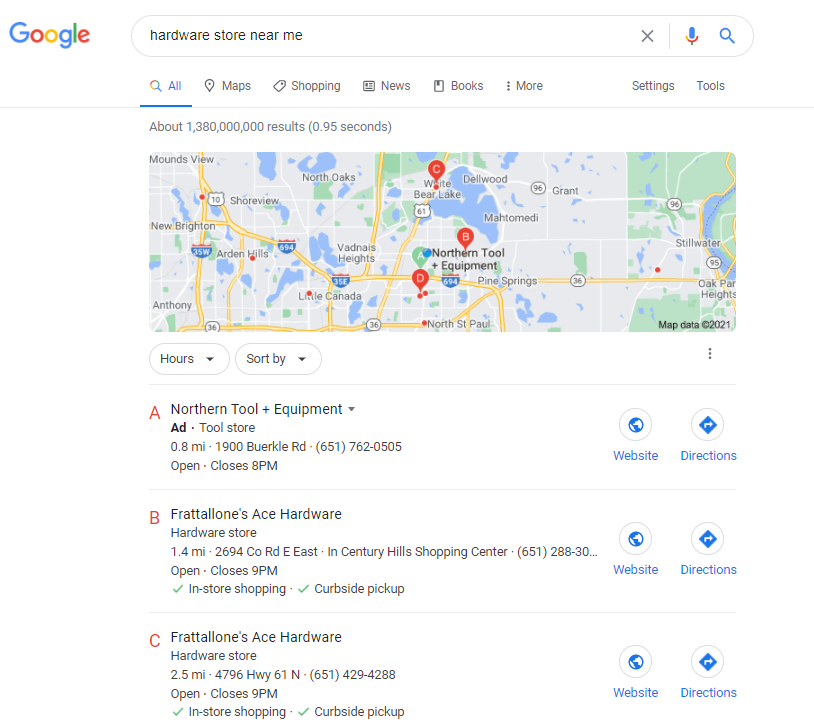 Branded search result for hardware store near me showing a local pack of hardware stores